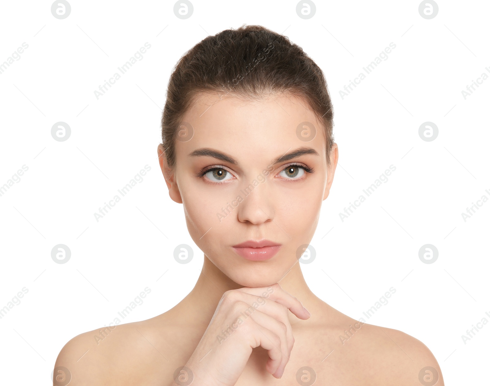 Photo of Young woman with beautiful makeup on white background. Professional cosmetic products
