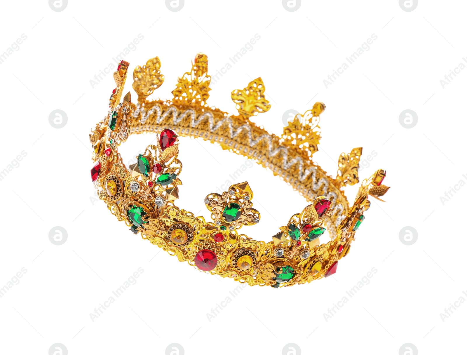 Photo of Beautiful golden crown on white background. Fantasy item