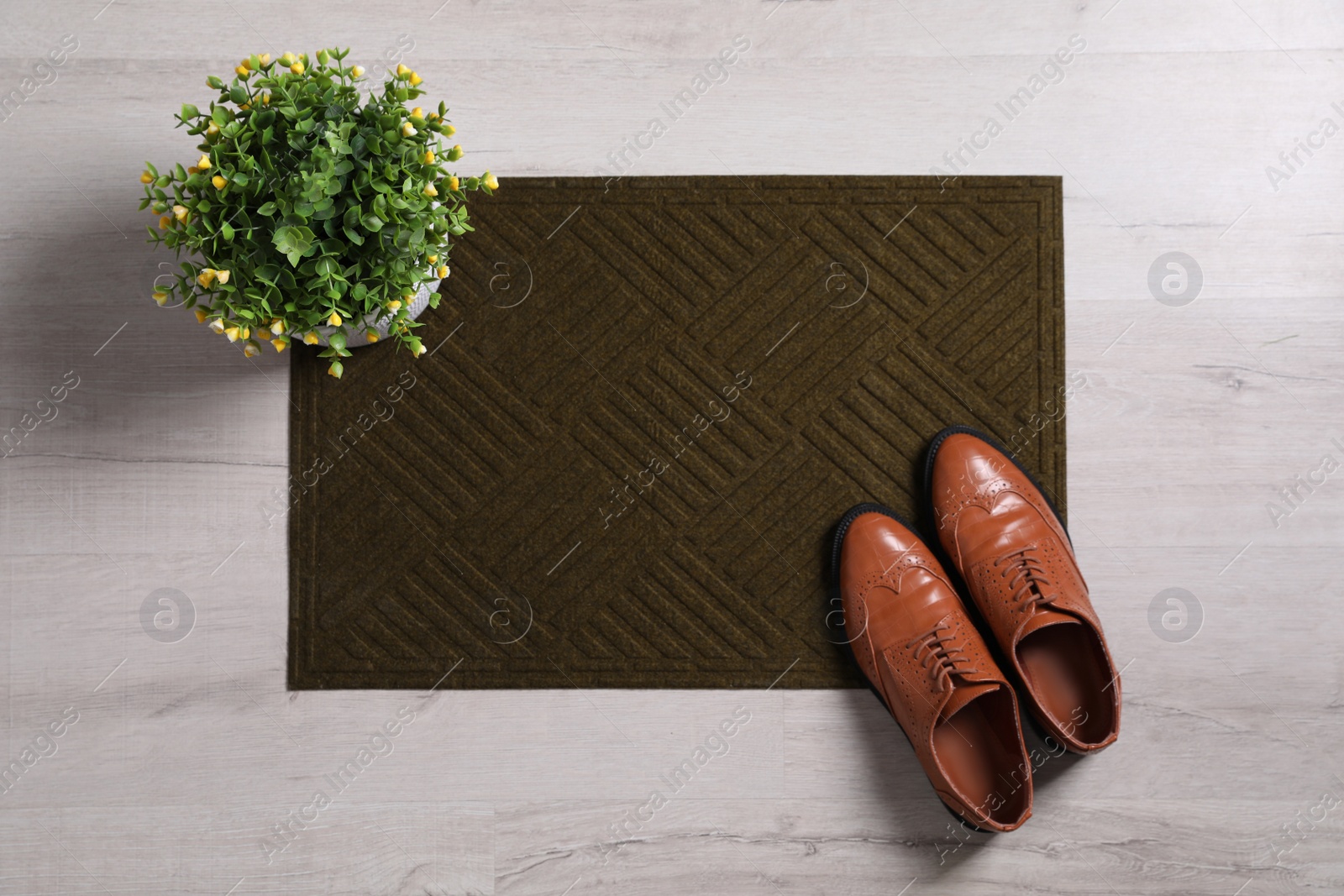 Photo of New clean door mat, shoes and houseplant on floor, flat lay