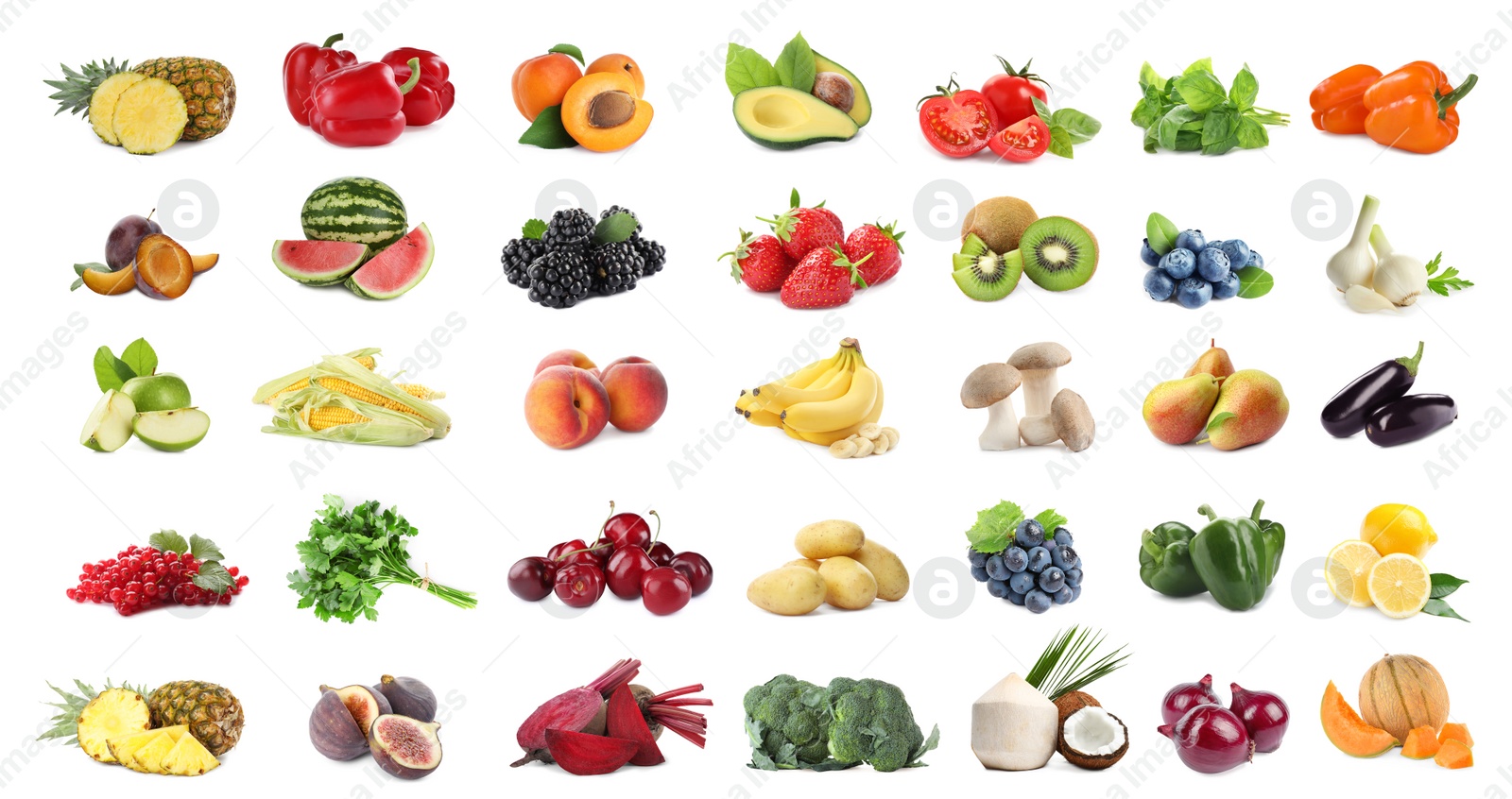 Image of Assortment of organic fresh fruits and vegetables on white background. Banner design