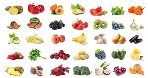 Image of Assortment of organic fresh fruits and vegetables on white background. Banner design