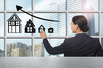 Real estate agent demonstrating prices at housing market. Woman pointing on graph illustration