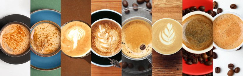 Image of Beautiful collage with different photos of aromatic coffee, top view. Banner design