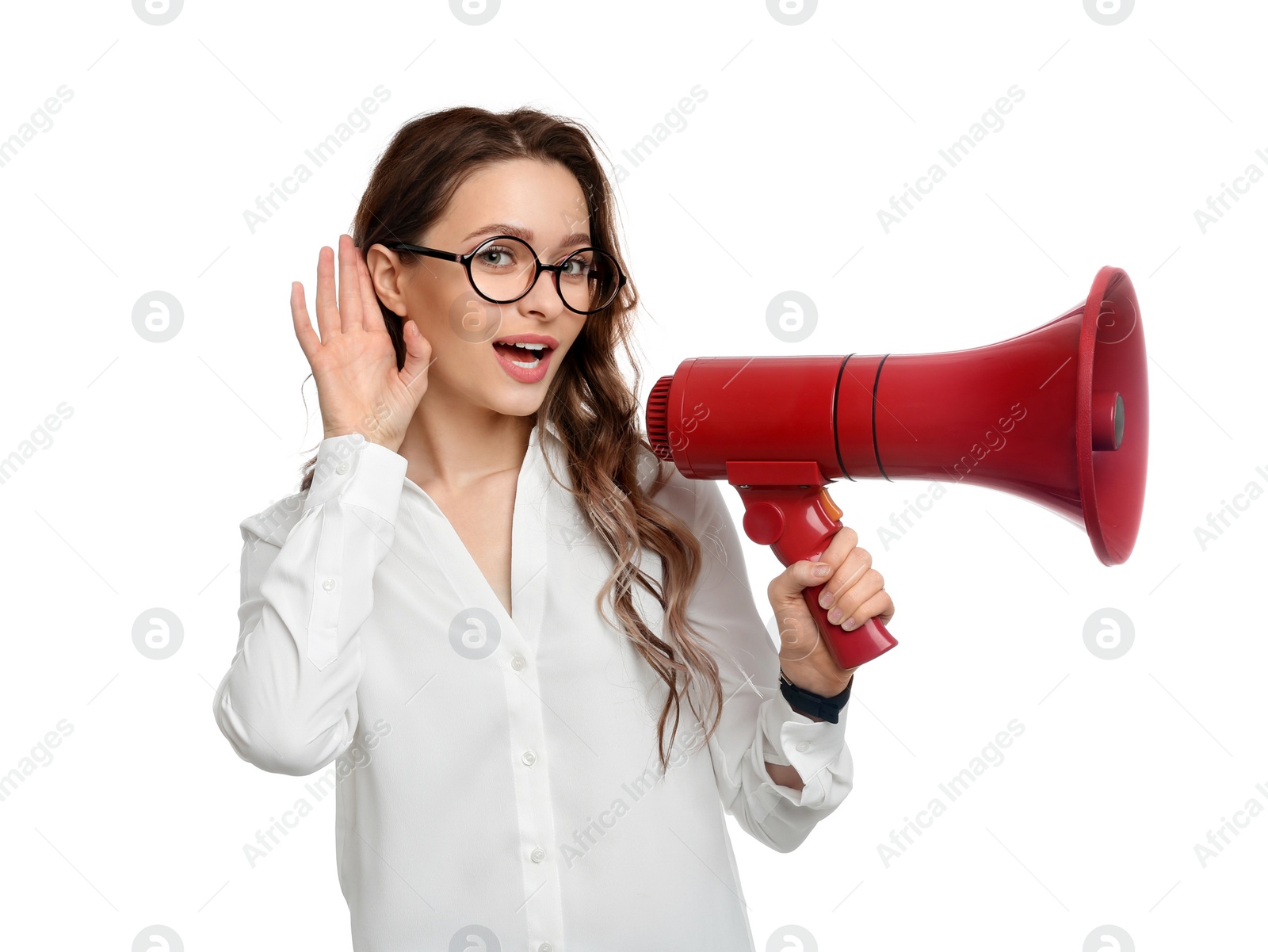 Photo of Young woman with megaphone on white background