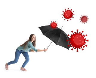 Image of Be healthy - boost your immunity. Woman protecting herself from viruses with umbrella, illustration