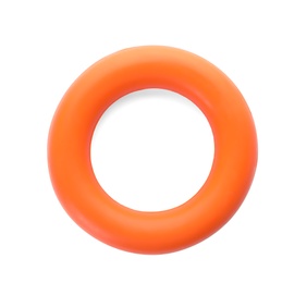 Photo of Rubber ring for dog on white background. Pet toy