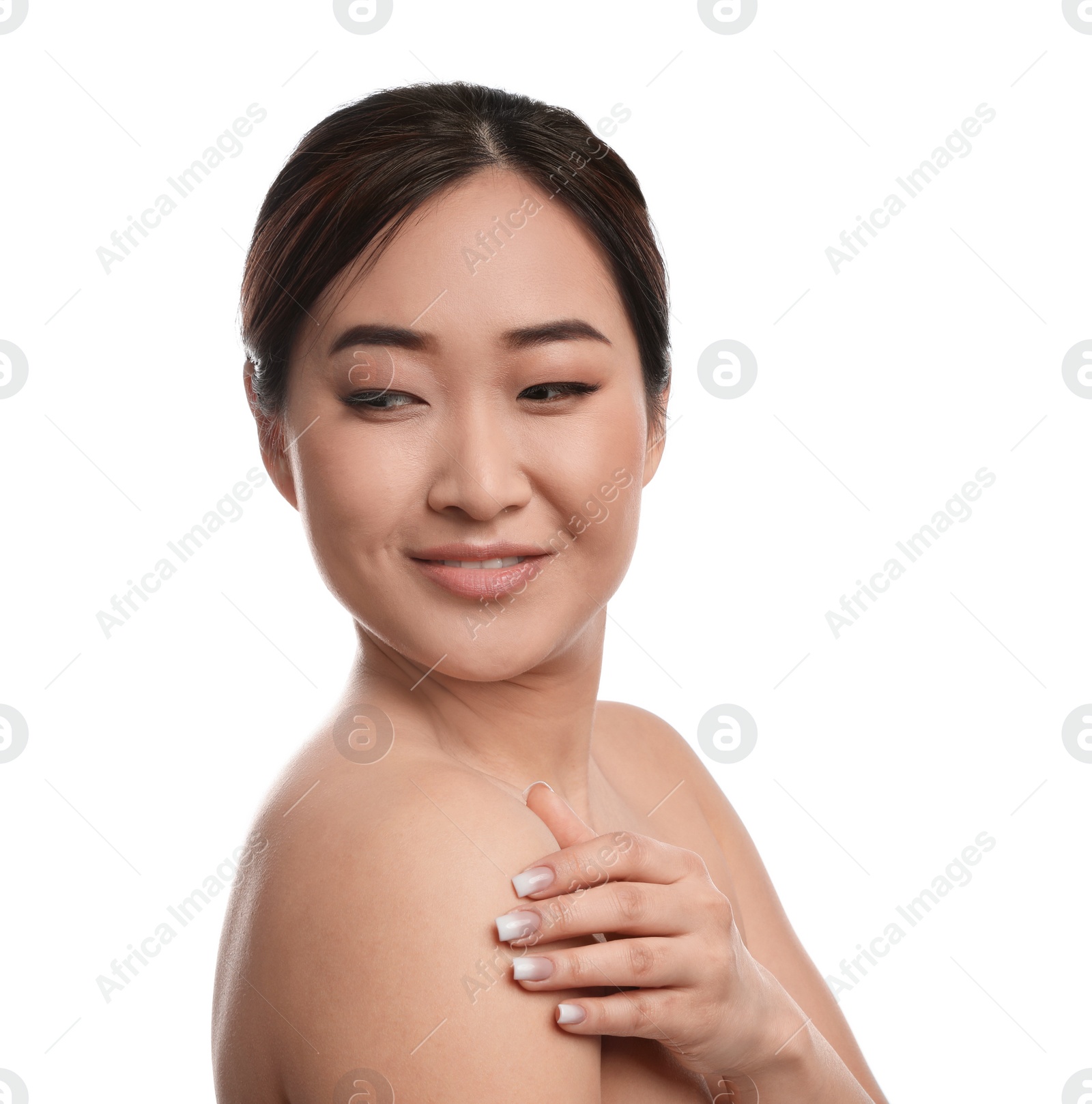 Photo of Portrait of beautiful Asian woman isolated on white. Spa treatment