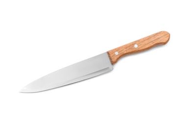 Photo of One sharp knife isolated on white, top view