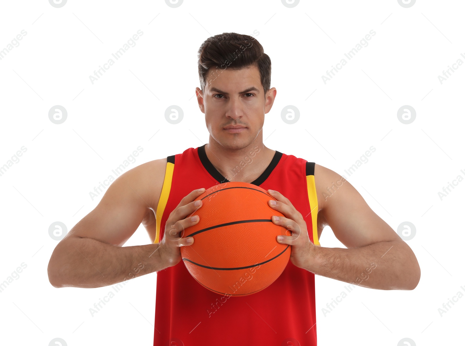 Photo of Basketball player with ball on white background