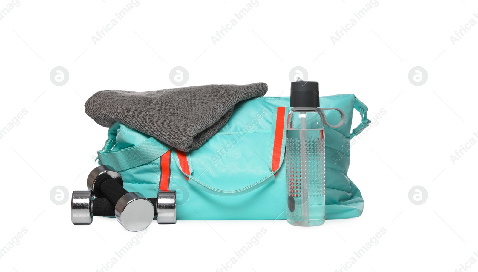 Photo of Bag with different sports equipment on white background