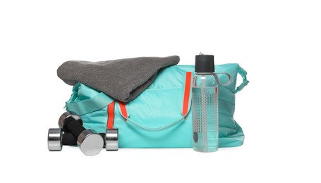 Photo of Bag with different sports equipment on white background