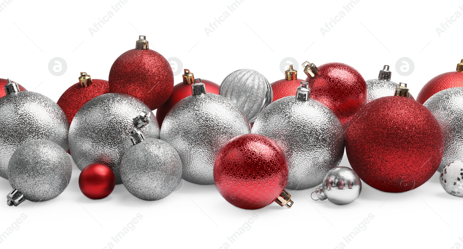 Photo of Red and silver Christmas balls isolated on white
