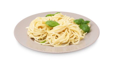 Photo of Delicious pasta with brie cheese and basil leaves on white background
