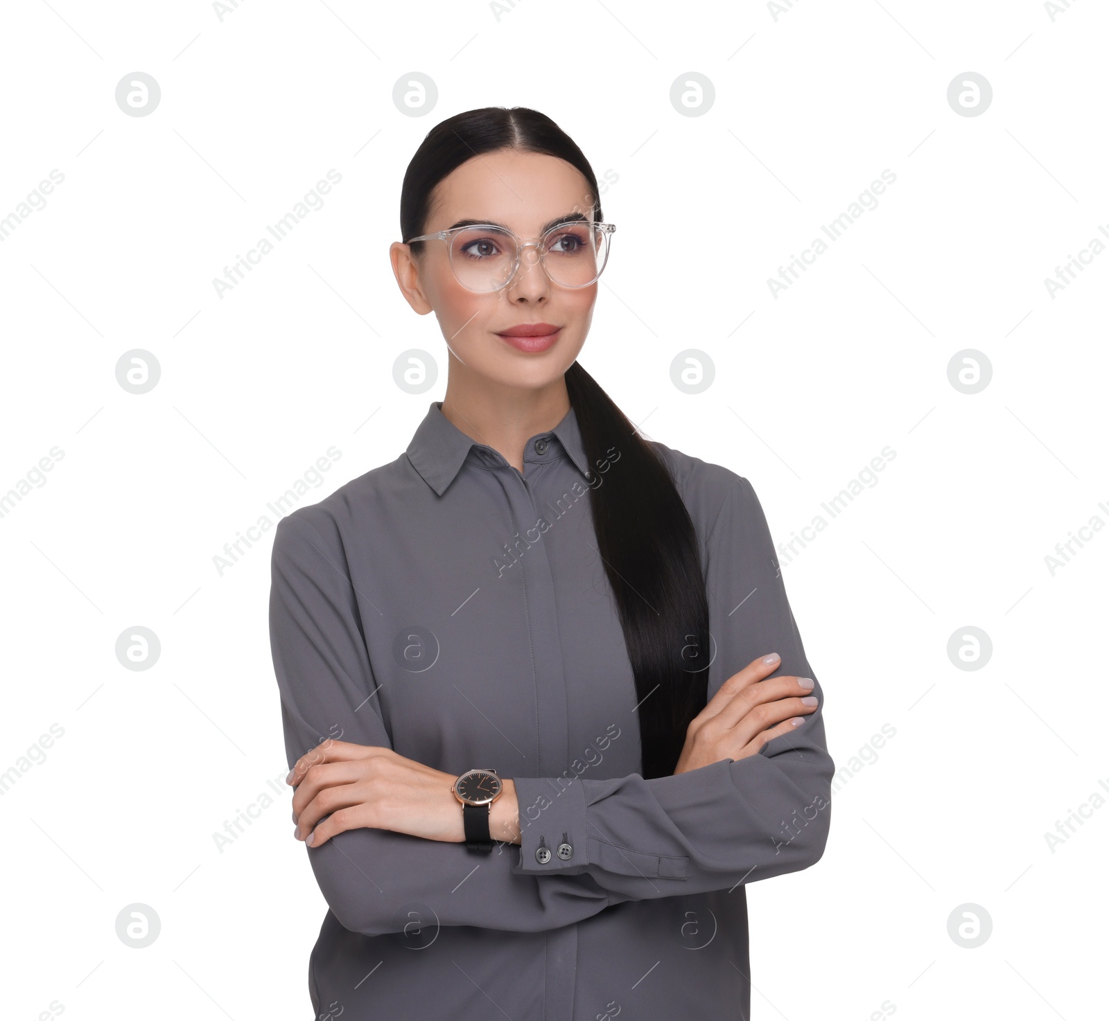 Photo of Portrait of beautiful woman in glasses on white background. Lawyer, businesswoman, accountant or manager