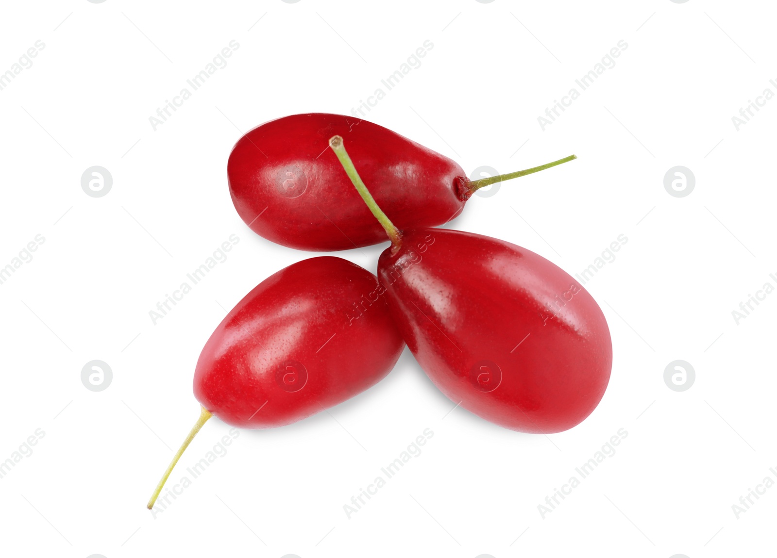 Photo of Fresh ripe dogwood berries on white background, top view