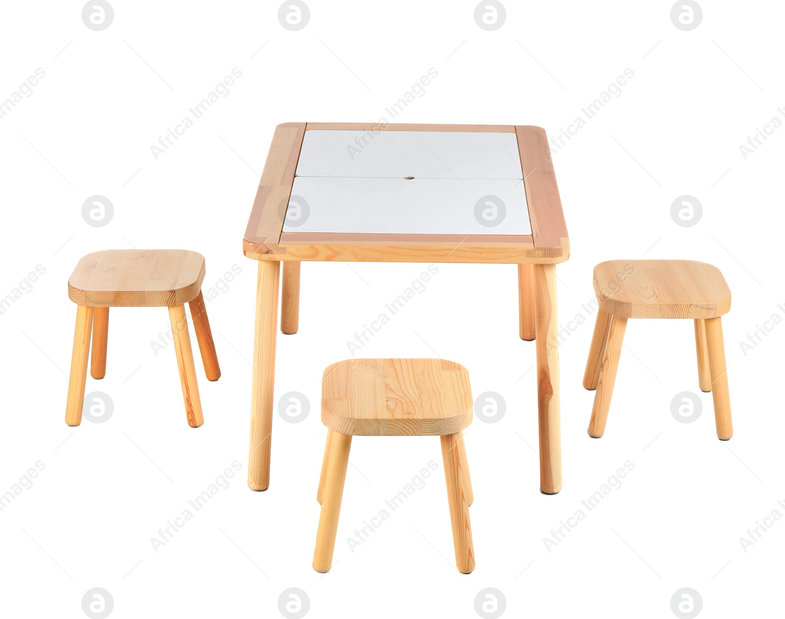 Photo of Small table and chairs for little kids on white background