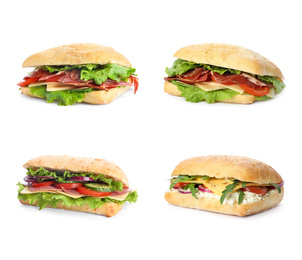 Image of Set of delicious sandwiches on white background