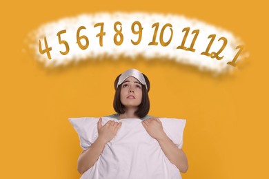 Image of Insomnia. Exhausted woman with pillow counting to fall asleep on orange background. Cloud with numbers above her