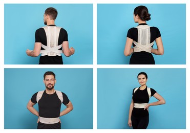 Collage with photos of people with orthopedic corsets on light blue background