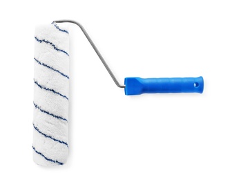 Photo of Paint roller brush with blue handle on white background