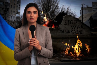 Image of Stop war in Ukraine. Journalist with Ukrainian flag near destroyed house outdoors