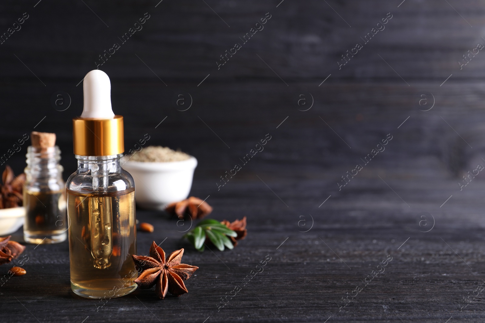 Photo of Anise essential oil and spice on dark wooden table, space for text