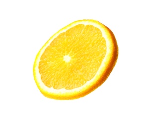 Photo of Slice of ripe orange on white background