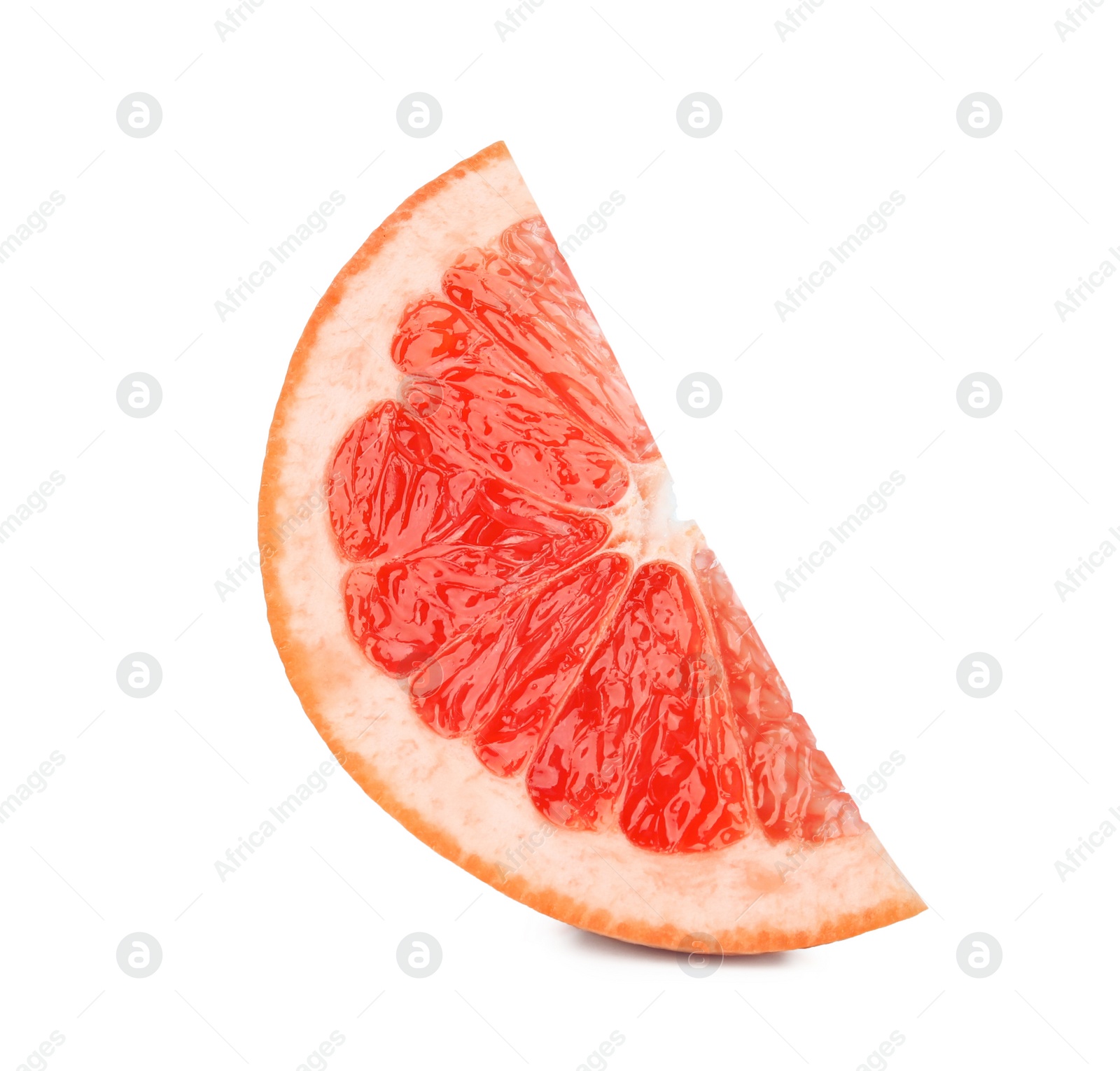 Photo of Slice of ripe juicy grapefruit on white background