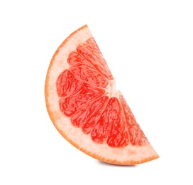 Photo of Slice of ripe juicy grapefruit on white background