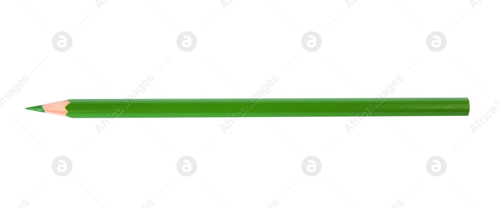 Photo of Green wooden pencil on white background, top view. School stationery