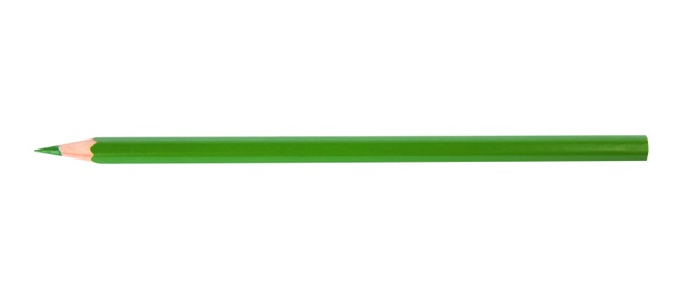Green wooden pencil on white background, top view. School stationery