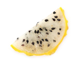 Slice of delicious yellow pitahaya fruit isolated on white