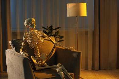 Photo of Waiting concept. Human skeleton sitting in armchair at home, space for text