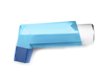 Photo of Asthma inhaler on white background, top view. Medical treatment