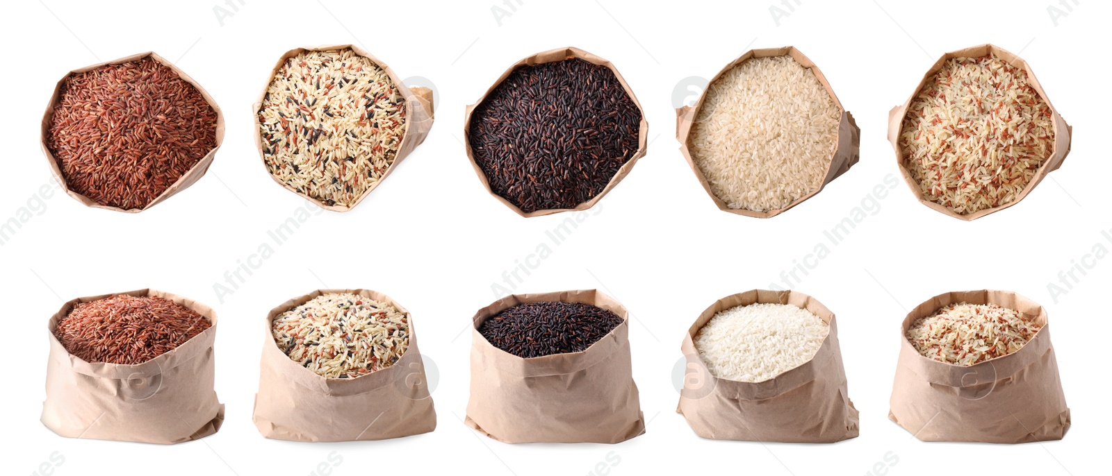 Image of Set with different types of rice in paper bags on white background. Banner design