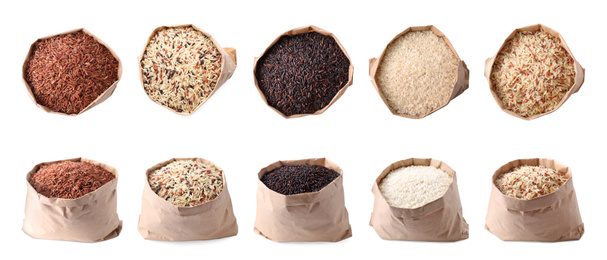 Image of Set with different types of rice in paper bags on white background. Banner design