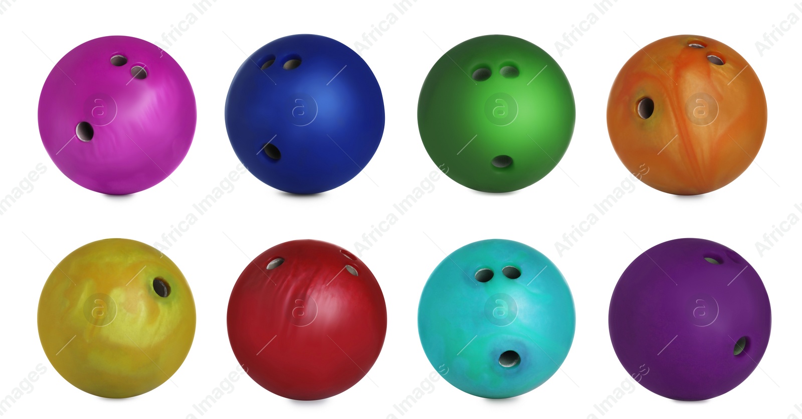 Image of Set of bright bowling balls on white background