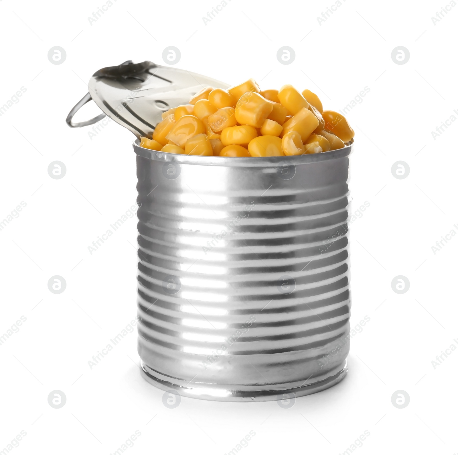 Photo of Tin can with conserved corn on white background