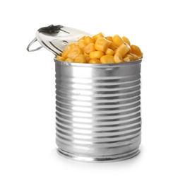 Photo of Tin can with conserved corn on white background