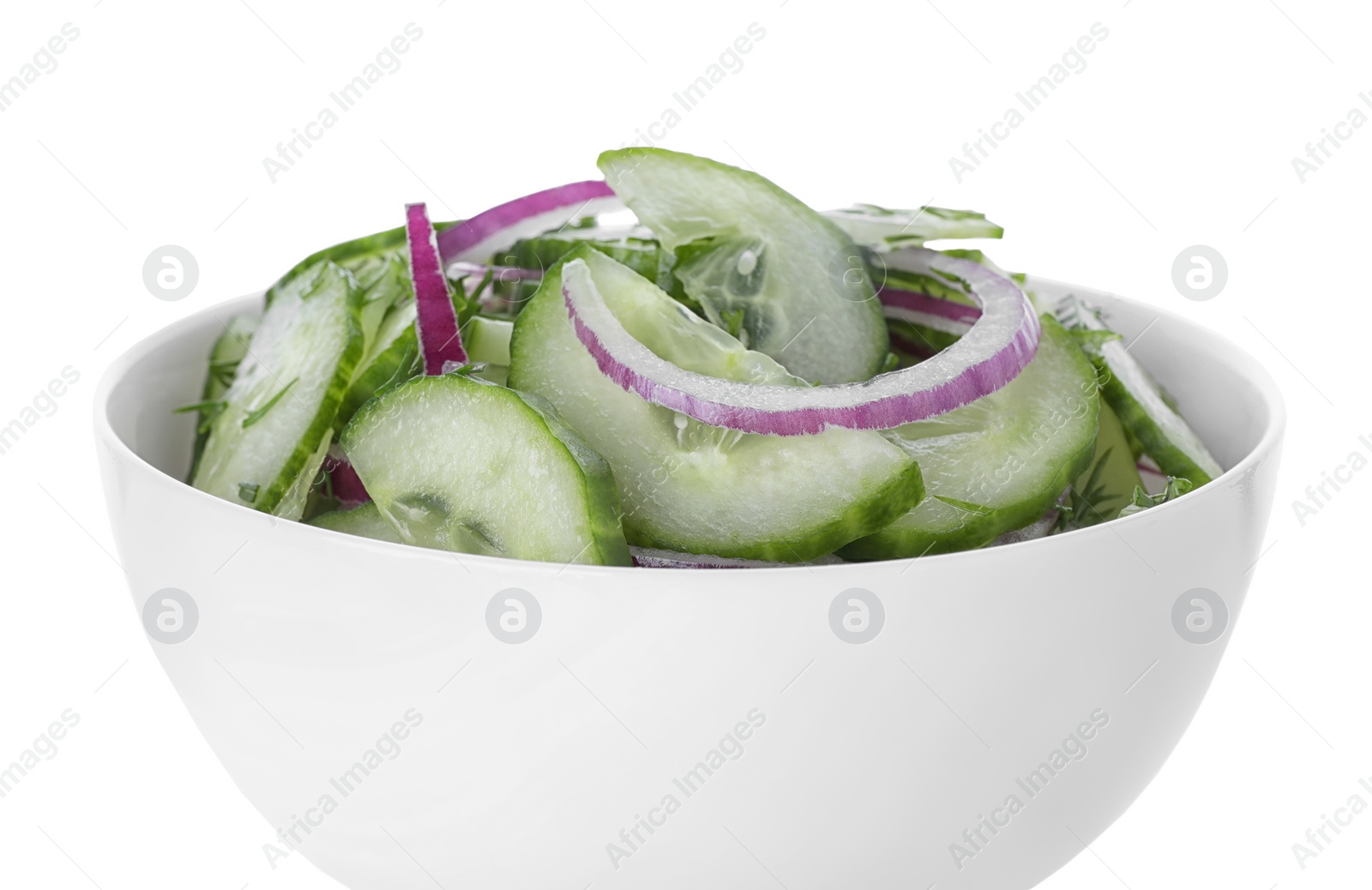 Photo of Fresh tasty salad with cucumber in bowl on white background