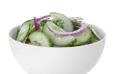 Fresh tasty salad with cucumber in bowl on white background