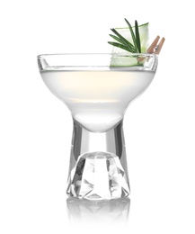 Photo of Glass of tasty martini with cucumber and rosemary on white background