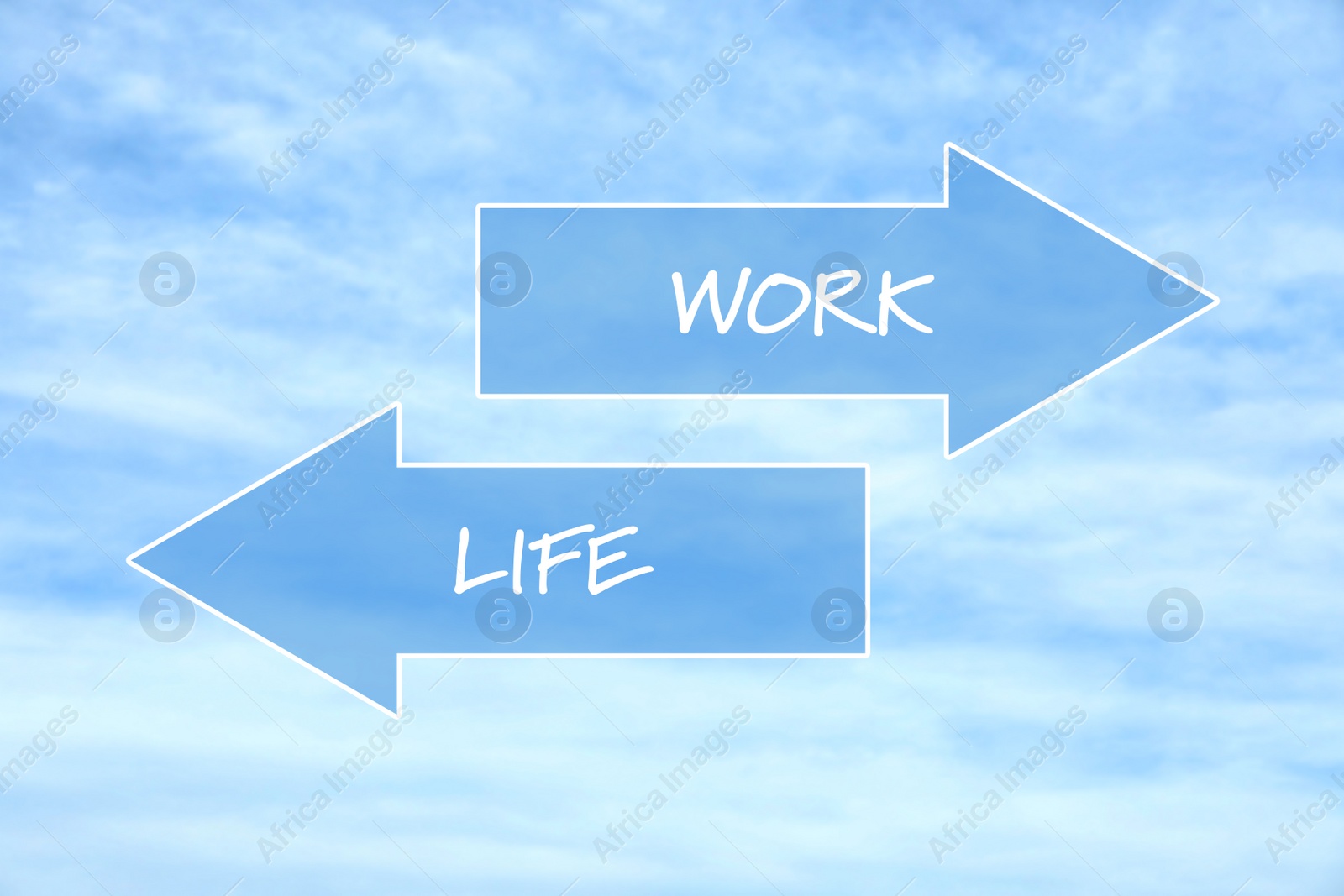 Image of Illustration of arrows and beautiful blue sky on background. Balance between work and life