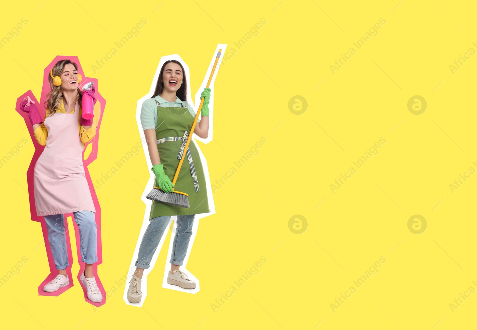 Image of Pop art poster. Housewives having fun on yellow background. Space for text