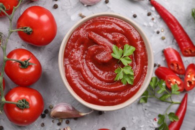 Flat lay composition with organic ketchup in bowl on grey textured table. Tomato sauce