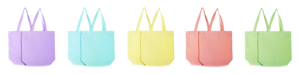 Image of Set of colorful eco bags on white background. Banner design