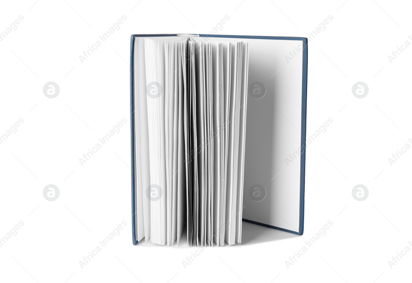 Photo of Open hardcover book with blank pages on white background