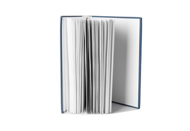 Photo of Open hardcover book with blank pages on white background