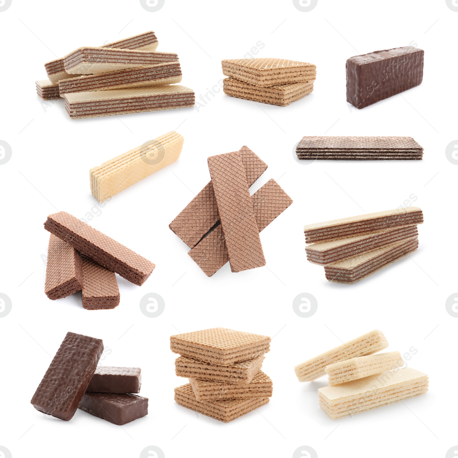 Image of Set of different delicious crispy wafers on white background. Sweet food