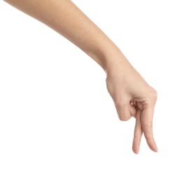 Photo of Woman imitating walk with hand on white  background, closeup. Finger gesture